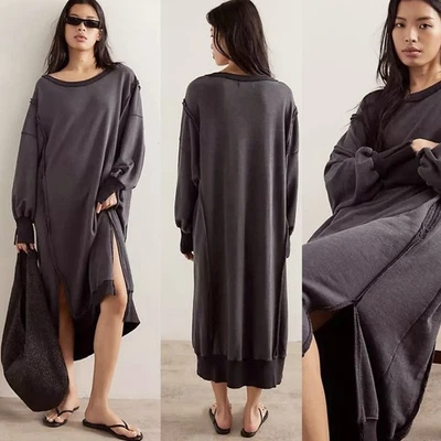 Free People WE THE FREE Camden Maxi Sweatshirt Dress Small Black Grey Oversized - Image 1 of 4