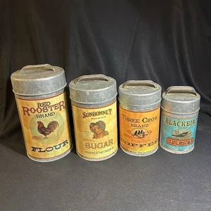 VTG (Set Of 4) Retro Red Rooster Rustic Tin Kitchen Canisters - Picture 1 of 11