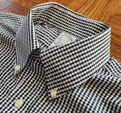 BROOKS BROTHERS SHIRT, Men's 15.5 x 33 Milano, Black White Plaid, NO IRON, EUC - Image 1 of 4