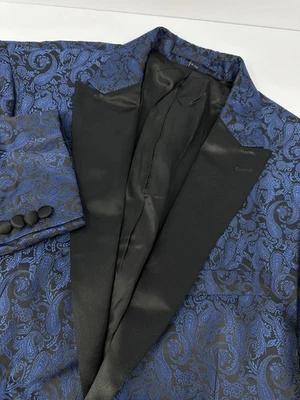 Jos A Bank 40S Paisley Dinner Jacket Blazer Blue Tailored Fit Peak Lapel Smoking - Image 1 of 4