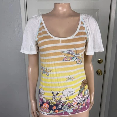 Vintage Y2k Anthropologie Shirt M Mushroom Butterfly Cotton Striped T-shirt C11 - Image 1 of 4