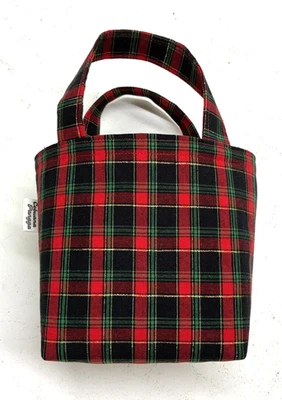 Mini sacola/sacola de presente forrada de tecido feita à mão verde e vermelha estampa xadrez de Natal - Imagem 1 de 4