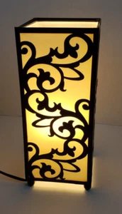 square brown fiber board cylinder lamp w/cast metal frame 14" x 6" - Picture 1 of 8