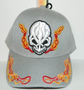 New embroidered Grey Skull w flames adjustable adult size HAT CAP tribal biker - Picture 1 of 8
