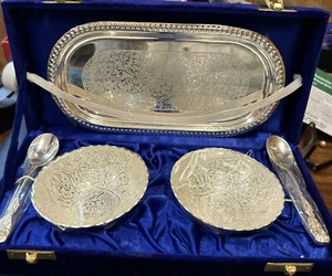 German Silver Handmade Bowl Spoon and Tray for Gift Set Silver - Picture 1 of 5