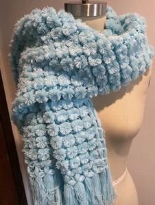 Vintage Pom Pom Wrap Shawl CHIENGMAI Thailand Crochet Fringe Blue 20X56 - Picture 1 of 7