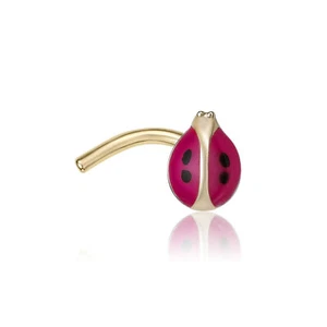 14K Yellow Gold Enamel Curved Screw Lady Bug Nose Ring Fine Jewelry - 20 Gauge - Picture 1 of 9