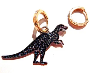ASYMMETRIC DINOSAUR CRYSTAL EARRINGS green gold hoop TRex Tyrannosaurus stone Z4 - Picture 1 of 2