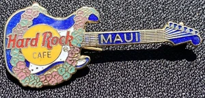 HARD ROCK CAFE MAUI Hat/Lapel Pin - Blue Stratocaster Guitar with Flower Lei - Picture 1 of 7