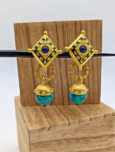 Vintage Designer Leslie Block Rare Dangle Earrings Teal Gold Tone Retro - Bild 1 von 5