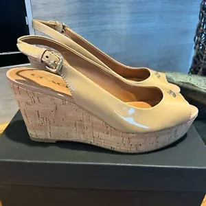 Coach Nude PatentLeather Slingback Cork Wedge Sandals Peep Toe Platform Shoe - Picture 1 of 6