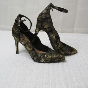 Christian Siriano Strappy High Heels 7 Black Floral Almond Toe Mob Wife Gothic - Picture 1 of 11