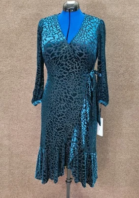 Calvin Klein Animal Print Velvet Burnout Emerald Green Faux Wrap Dress Sz 8 NWT - Image 1 of 4