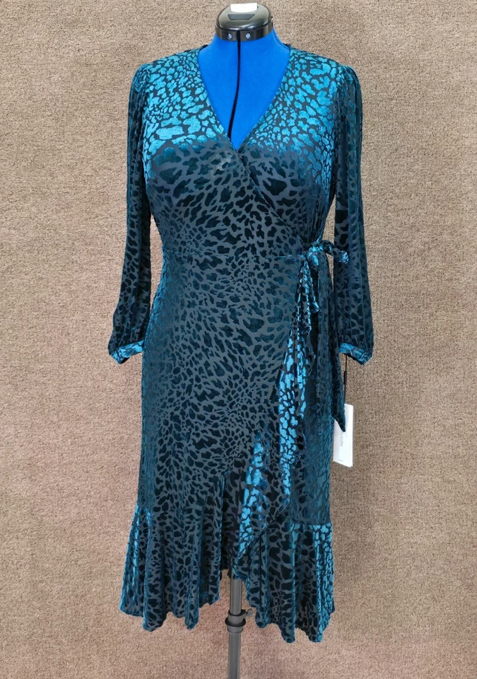 Calvin Klein Animal Print Velvet Burnout Emerald Green Faux Wrap Dress Sz 8 NWT - Image 1 of 4