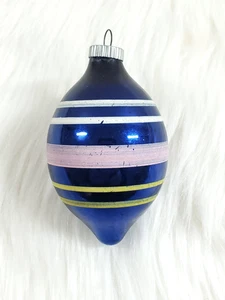 Vintage Shiny Brite USA Blue Pink Stripe Bulb Teardrop Mercury Glass Ornament - Picture 1 of 7