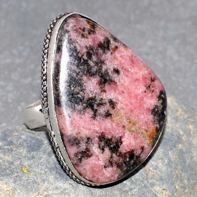 Anillo de rodonita enchapado en plata 925 hecho a mano joyas de piedras preciosas tamaño EE. UU. 9 GW Foto 1 de 3