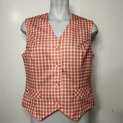 Vintage 70s Alex Colman Orange Plaid Button Up Knit Polyester Vest - Image 1 of 4