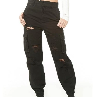 Forever 21 Black Distressed Denim Jogger Womens Size Large NWT 100% Cotton Goth - Image 1 of 4