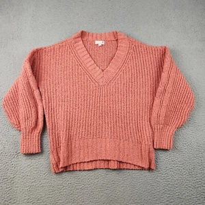 SO Crop Sweater Womens Small Pink Peach Pullover V-Neck Open Knit Bishop Sleeve - Picture 1 of 8