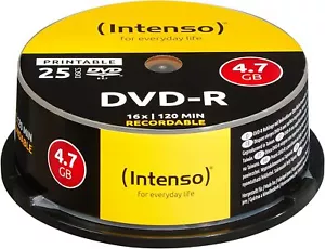 Intenso DVD-R 4,7 GB 16x DVD-Rohlinge Bedruckbar Kratzfest 25er Spindel - Bild 1 von 3