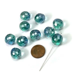 Milky Satin Blue-Green coated Czech Fire Polished Round Faceted Beads 14mm 10pcs - Picture 1 of 1