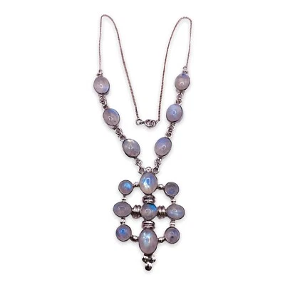 Natural Rainbow Moonstone Sterling Silver Drop Choker Necklace 16" - Image 1 of 4