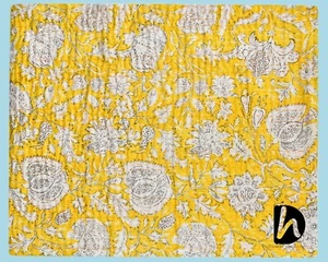 King Size Yellow Throw Cotton Kantha Quilt Home Decor Throw Bedding New Coverlet - Picture 1 of 7