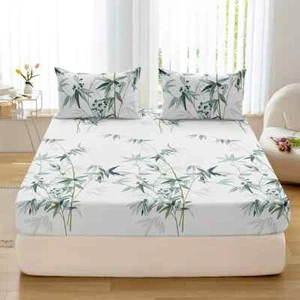 3pcs Bamboo Leaf Print Fitted Sheet Set - Soft, Breathable, Comfortable, Bedding - Picture 1 of 22