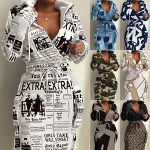 Women's PRINT Autumn Winter V Neck Hooded Casual Pockets Hoodies Dress SIZE 6-24 - Picture 1 of 26