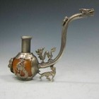 Old Chinese Handmade Inlay Yellow Jade Tibet Silver Dragon Smoking Pipe