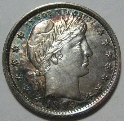 = 1893 BU+ BARBER Quarter, Nice Toning, CLEANED, FREE Shipping - Image 1 of 4