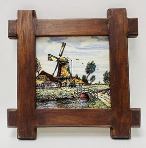 VINTAGE DELFT HOLLAND Windmill FRAMED CERAMIC TILE HAND PAINTED 6” Tile + Frame - Picture 1 of 6