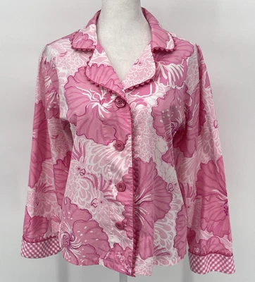 Vintage Lilly Pulitzer Pajama Top Women Small Pink Floral Gingham Ric Rack Trim - Image 1 of 4