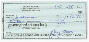 Lenny Moore Signed Personal Check Autograph Baltimore Colts HOF PSA/DNA - Picture 1 of 3
