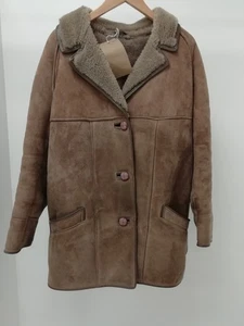 Vintage Real Sheepskin Brown Heavy Quality Women's Button Coat Preloved Size 20 - Picture 1 of 13