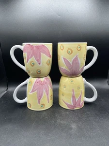 POTTERY BARN Italy Pottery Painted Mugs Set 4 Floral Pink yellow - Picture 1 of 13