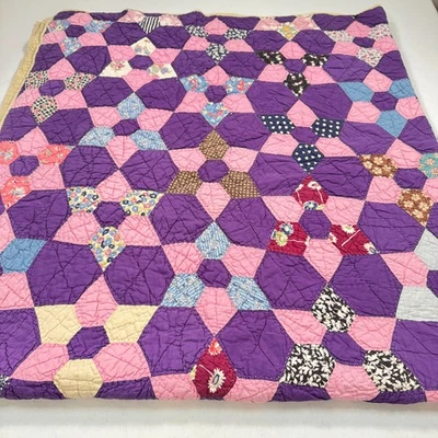 vintage handmade quilt full feed sack cotton Octagon Bow Tie purple primitive - Image 1 of 4