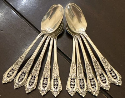 WALLACE 1940s Sterling ROSE POINT SET OF 10 PIERCED FLORAL DEMITASSE SPOONS 4” - Image 1 of 4