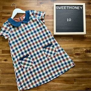 SweetHoney Short Sleeve Cotton Classic Girl Dress Autumn Plaid Blue Green Tan 10 - Picture 1 of 9