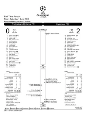 Liverpool v Tottenham Hotspur 2019 Champions League Final Press Pack Team Sheet - Image 1 of 4