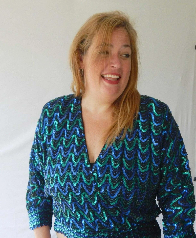 Vintage Sequin Slouch Crop Top Womens LRG  Blue and Green Shoulder Pads 1980s - Image 1 of 4