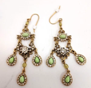 Earrings, Pierced Gold tone Metal Green Stones with Clear Crystals - Picture 1 of 2