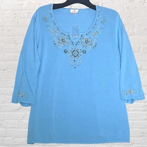 Quacker Factory Blue Embellished 3/4 Sleeve Sweater Size 3X V-Neck Beaded Sequin - Picture 1 of 11