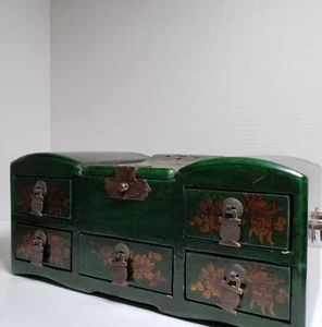 Green Wooden Jewelry Box With Mirror and 5 drawers - Picture 1 of 24