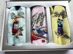 Set of 3 Embroidered Asian Scenes Boxed Handkerchief Blue Pink Yellow Korea - Picture 1 of 10