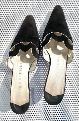 WALTER STEIGER MULAS DE CAMURÇA PRETA com KITTY CAT HEEL - Tamanho 8 1/2 B TUBULAÇÃO BRANCA - Imagem 1 de 4