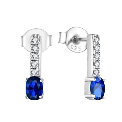 925 Sterling Silver Simulated Blue Sapphire Oval Solitaire Drop Stud Earrings - Image 1 of 4