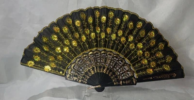 Ventilador plegable sintético negro hilo dorado y lentejuelas palos/protectores de plástico Foto 1 de 4