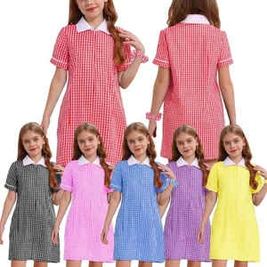 Kids Girls Dress Formal Gown Pleated Hem Skirt Sundress Turn-down Collar Plaid - Picture 1 of 45