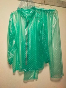 Soft light green PVC vinyl rainsuit translucent hooded jacket pants raincoat - Picture 1 of 20
